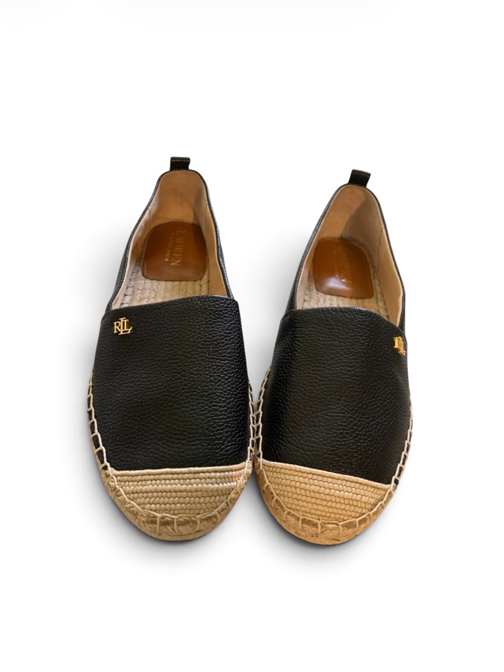Ralph Lauren Black Leather Espadrille Slip-Ons with Natural Raffia Toe NWOT 6.5